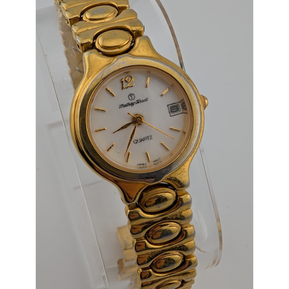 Mathey Tissot Watch Women 24mm Case Gold 7.25" Band Date- New‎ Battery